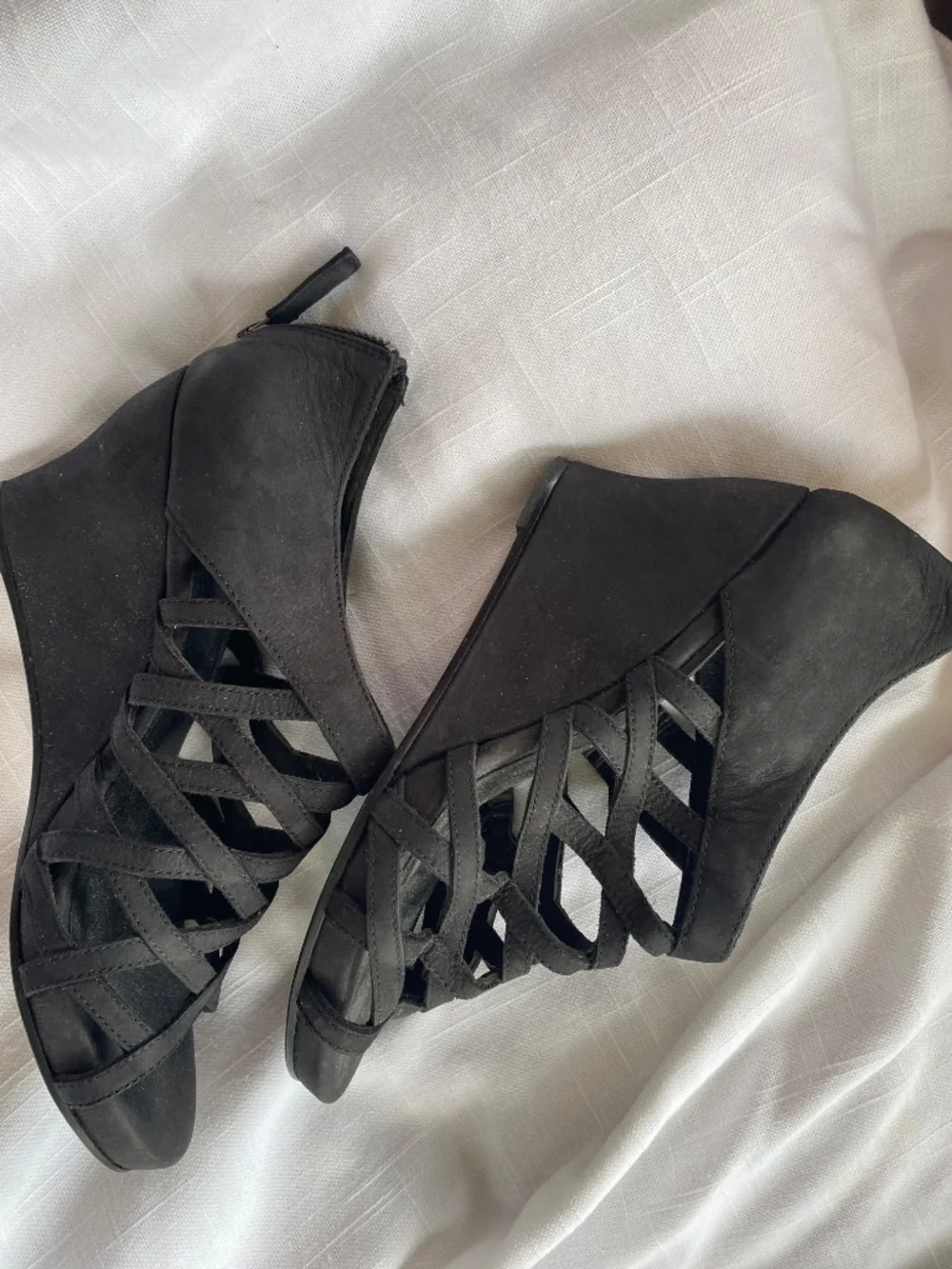 Eileen Fisher black suede wedge sandals, size 6